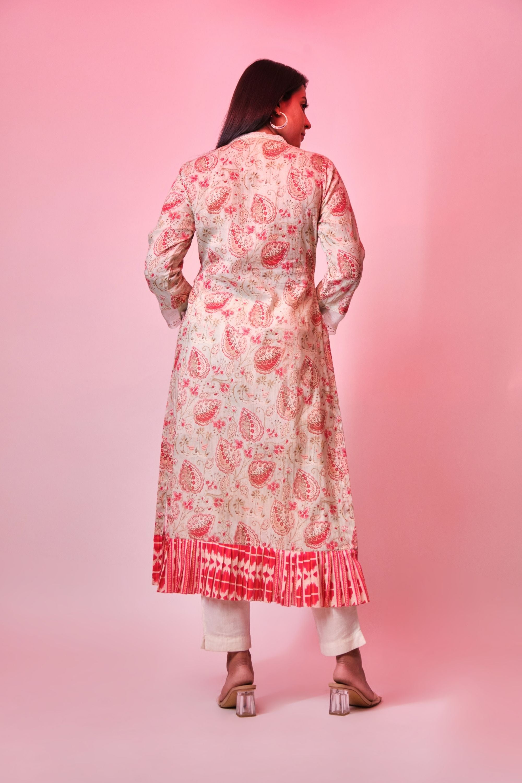 Light Pistachio cotton printed tunic with organza border on sleeves