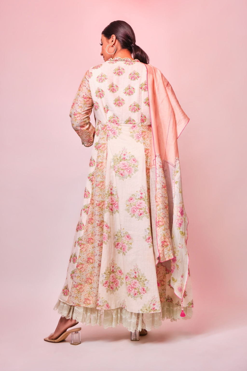 Printed cotton Anarkali with sequence & french knot embroidery and lace
