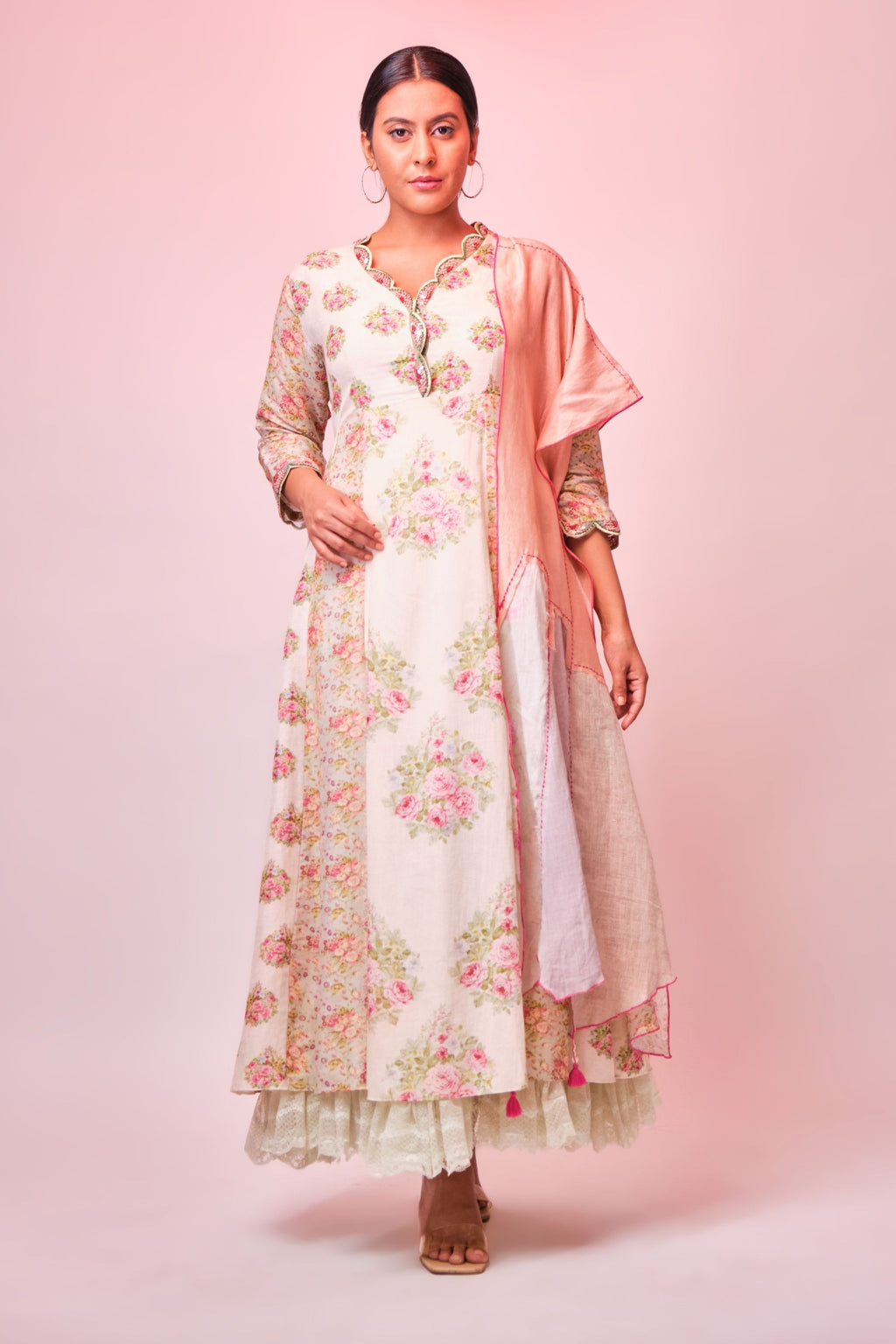Printed cotton Anarkali with sequence & french knot embroidery and lace