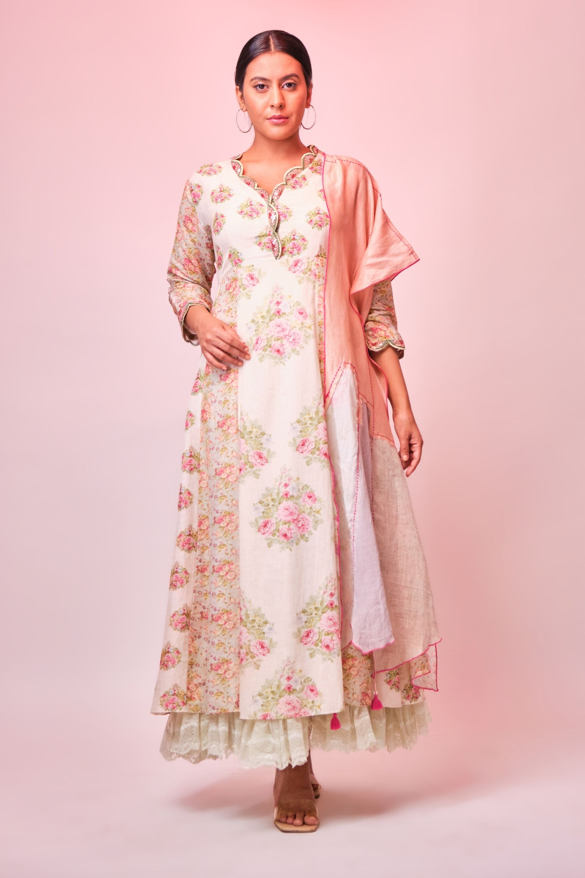 Printed cotton Anarkali with sequence & french knot embroidery and lace