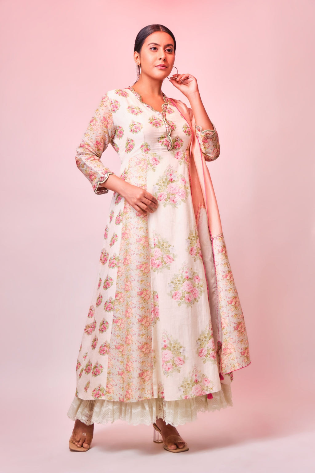 Printed cotton Anarkali with sequence & french knot embroidery and lace